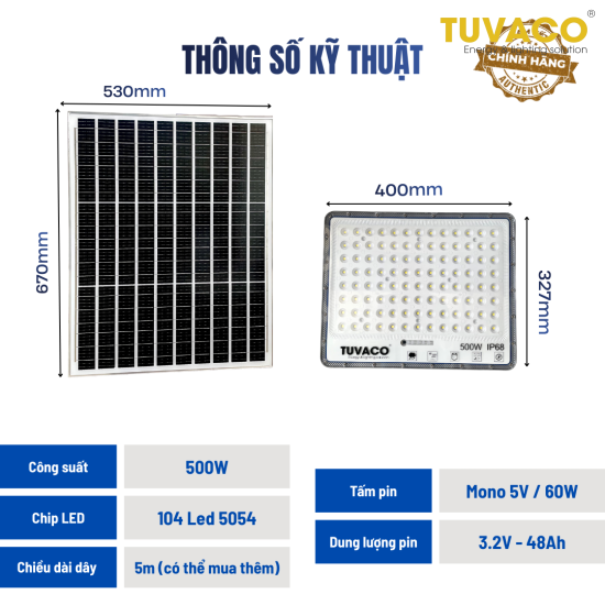ĐÈN PHA NĂNG LƯỢNG MẶT TRỜI TX 500W TUVACO