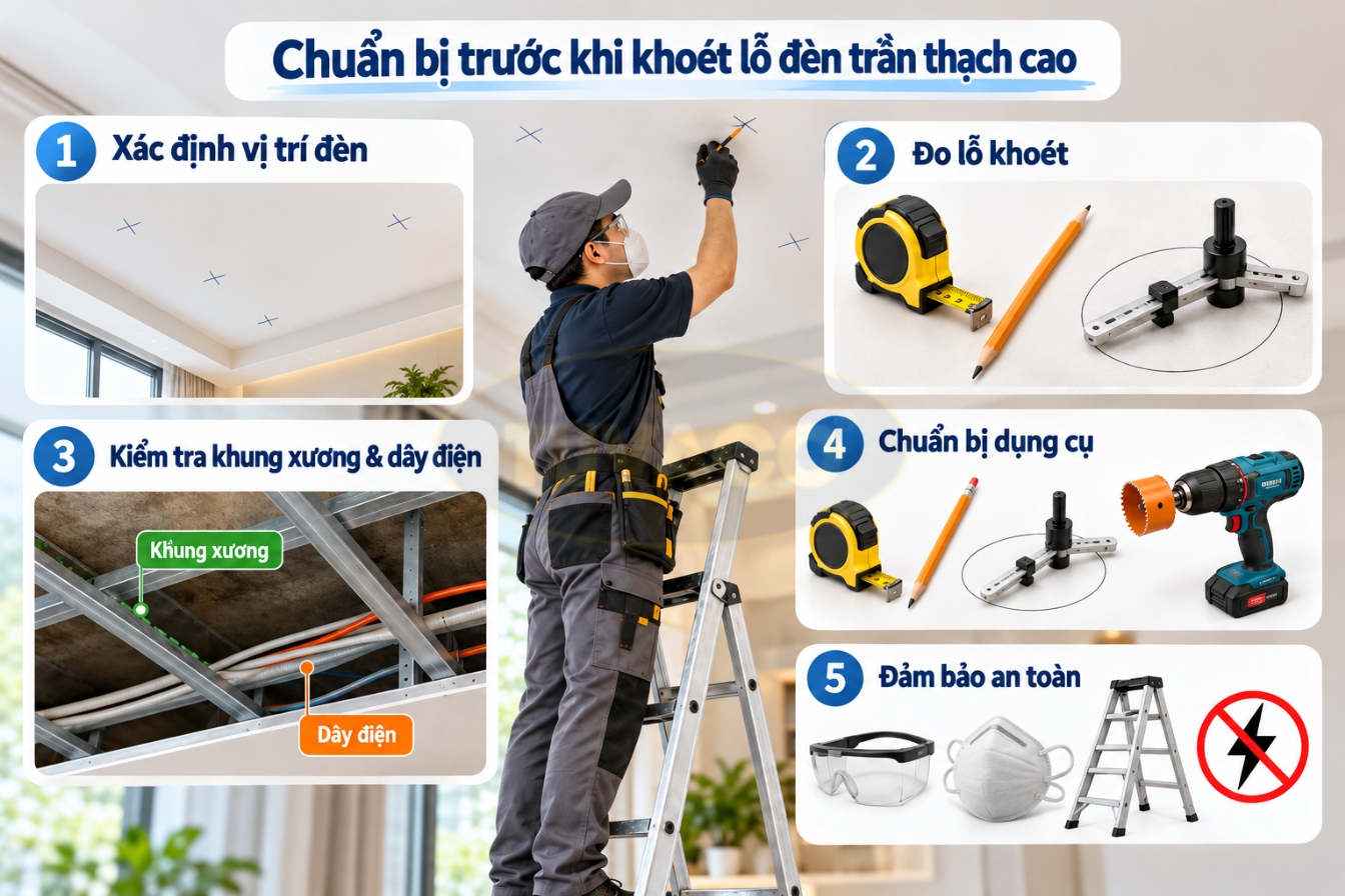 Chuẩn bị gì trước khi khoét lỗ đèn trần thạch cao