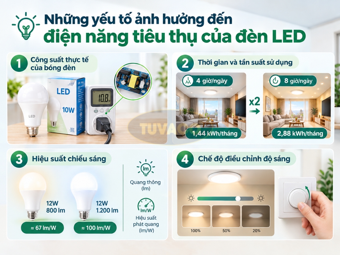 Những yếu tố ảnh hưởng đến điện năng tiêu thụ của đèn LED