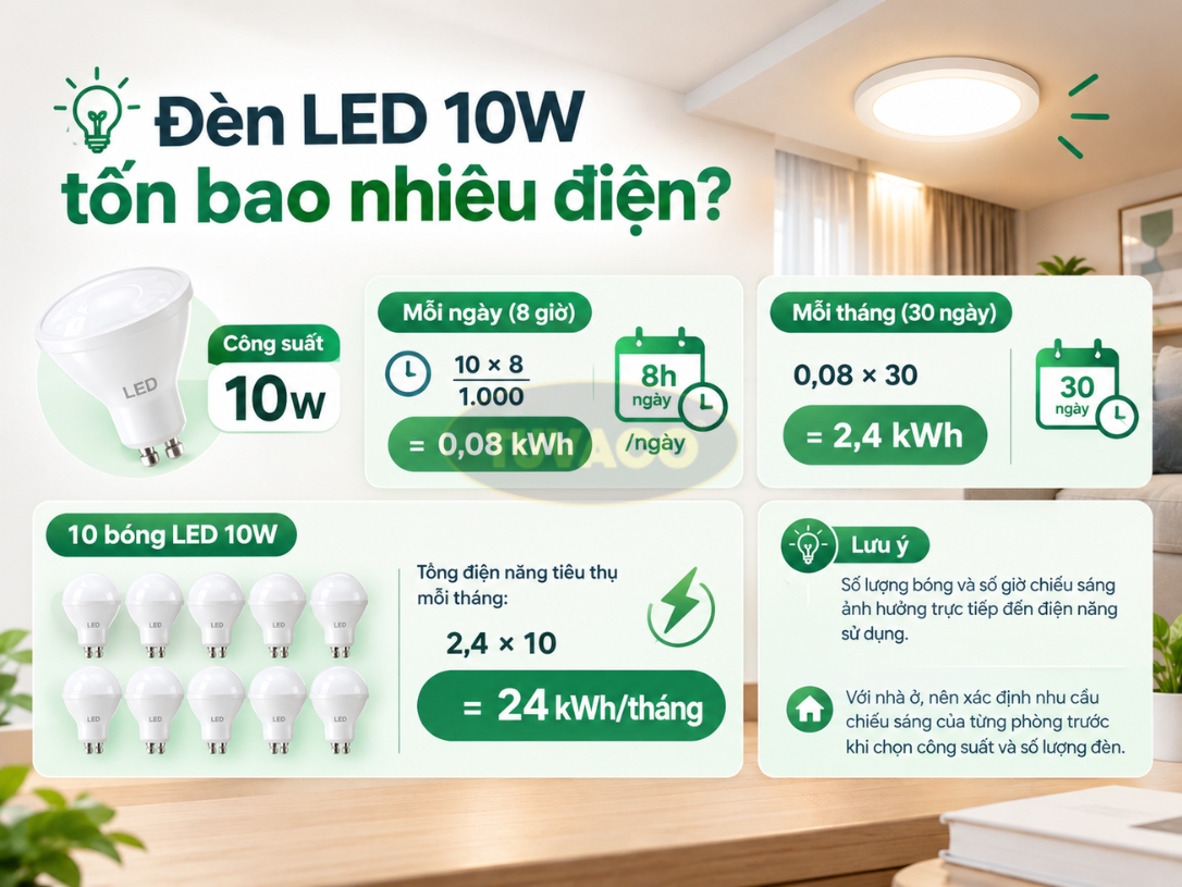 Đèn LED 10W tốn bao nhiêu điện
