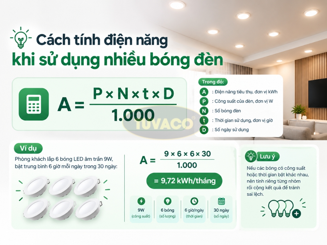 Cách tính điện năng khi sử dụng nhiều bóng đèn