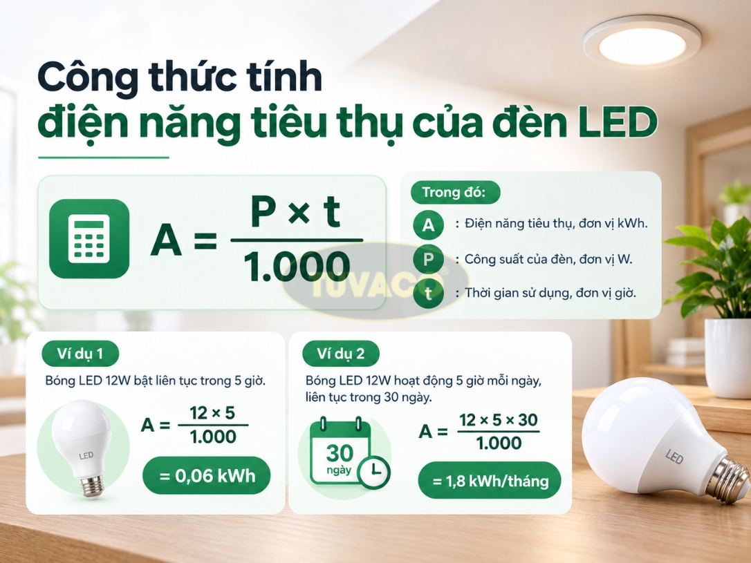 Công thức tính điện năng tiêu thụ của đèn LED
