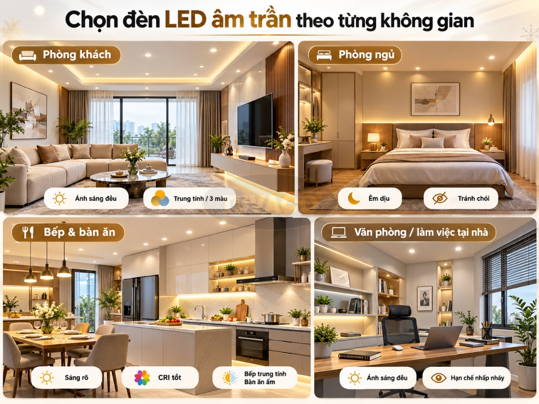 Chọn đèn LED âm trần theo từng không gian