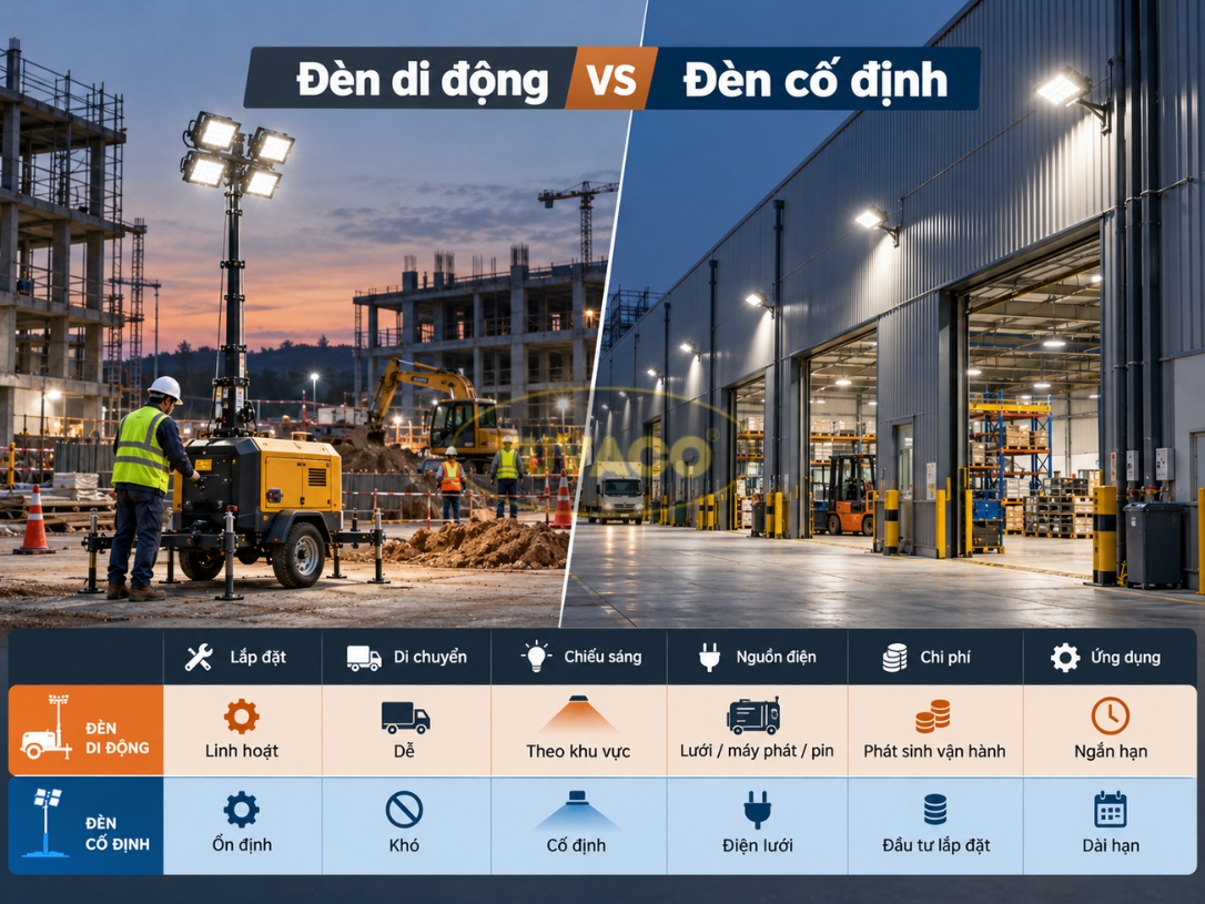 So sánh đèn chiếu sáng công trình di động vs đèn cố định