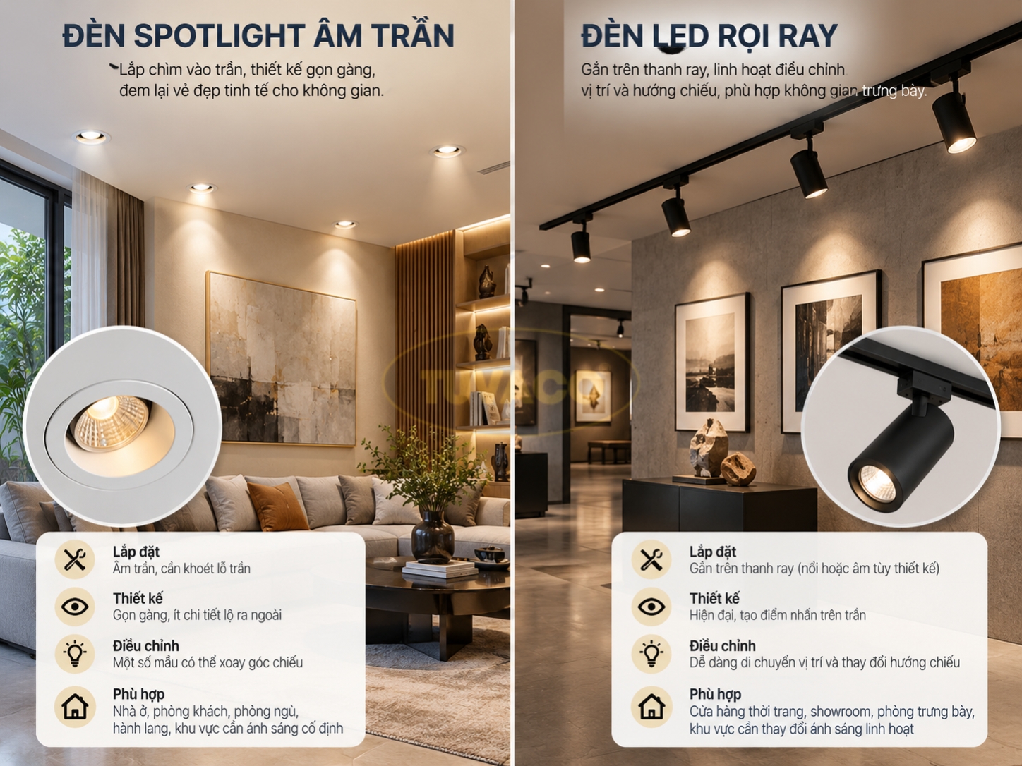 So Sánh Đèn Spotlight Âm Trần Và Đèn LED Rọi Ray
