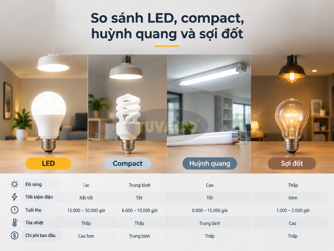 So sánh LED, compact, huỳnh quang và sợi đốt