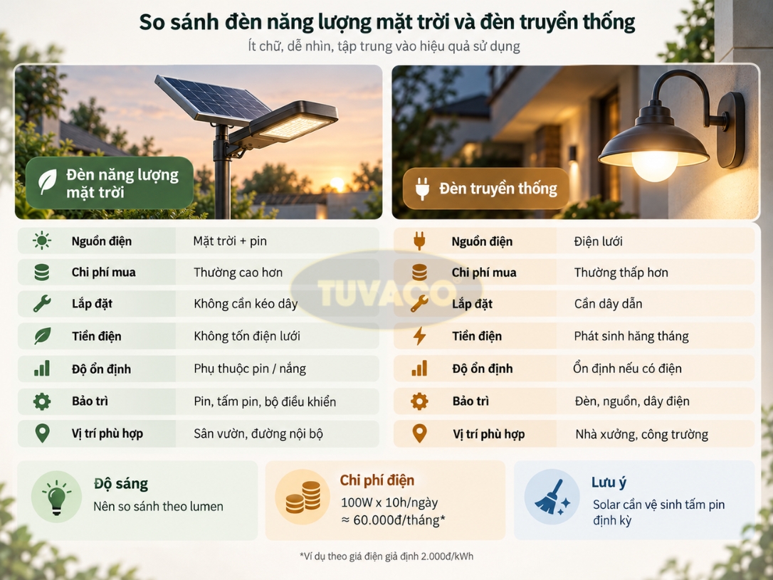 So sánh đèn năng lượng mặt trời và đèn truyền thống