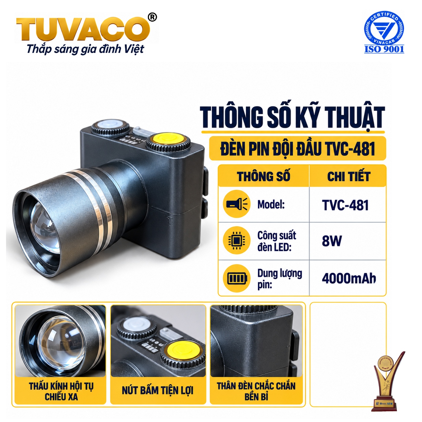 TVC-481-02-Thong-so Đèn pin đội đầu TUVACO TVC-481 – LED 8W, pin 4000mAh
